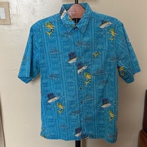 Men's Teal Blue Short-Sleeve Tropical Fish Button-Down Hawaiian Style Shirt XL